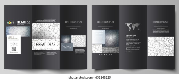 Tri-fold brochure business templates on both sides. Abstract vector layout in flat design. Chemistry pattern, molecular texture, polygonal molecule structure, cell. Medicine, microbiology concept.