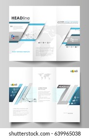 Tri-fold brochure business templates on both sides. Abstract vector layout in flat design. Chemistry pattern, connecting lines and dots, molecule structure on white, geometric graphic background.