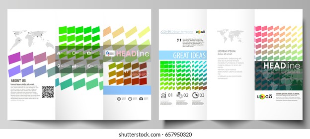 Tri-fold brochure business templates on both sides. Easy editable vector layout in flat design. Colorful rectangles, moving dynamic shapes forming abstract polygonal style background.