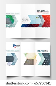 Tri-fold brochure business templates on both sides. Easy editable layout in flat style, vector illustration. Colorful design background with abstract shapes and waves, overlap effect.