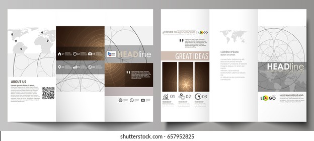 Tri-fold brochure business templates on both sides. Easy editable abstract vector layout in flat design. Alchemical theme. Fractal art background. Sacred geometry. Mysterious relaxation pattern.