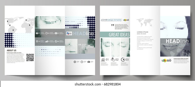 Tri-fold brochure business templates on both sides. Abstract design vector layout. Halftone dotted background, retro style grungy pattern, vintage texture. Halftone effect with black dots on white.