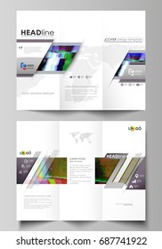 Tri-fold brochure business templates on both sides. Easy editable abstract vector layout in flat design. Glitched background made of colorful pixel mosaic. Digital decay, signal error, television fail