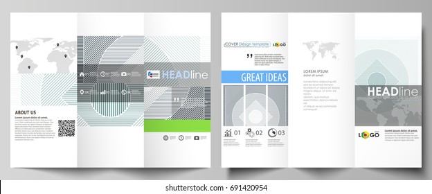 Tri-fold brochure business templates on both sides. Easy editable abstract vector layout in flat design. Minimalistic background with lines. Gray color geometric shapes forming beautiful pattern.