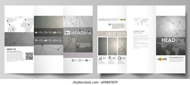 Tri-fold brochure business templates on both sides. Easy editable abstract vector layout in flat design. Chemistry pattern, molecule structure on gray background. Science and technology concept.