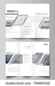 Tri-fold brochure business templates on both sides. Vector layout in flat design. Chemistry pattern, molecular texture, polygonal molecule structure, cell. Medicine, science, microbiology concept.