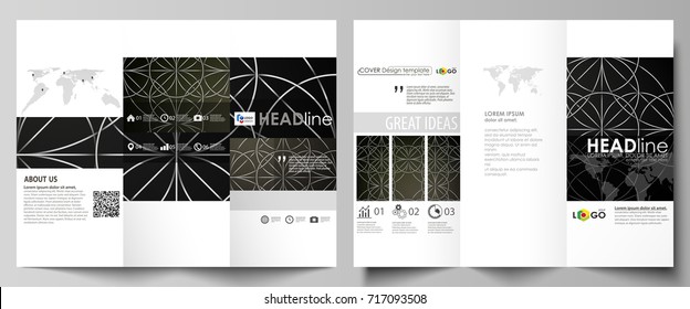 Tri-fold brochure business templates on both sides. Easy editable vector layout in flat design. Celtic pattern. Abstract ornament, geometric vintage texture, medieval classic ethnic style