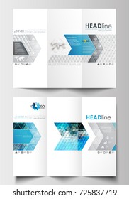 Tri-fold brochure business templates on both sides. Easy editable layout in flat design. Abstract triangles, blue and gray triangular background, modern colorful polygonal vector.