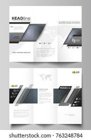 Tri-fold brochure business templates on both sides. Easy editable vector layout in flat design. Dark background with abstract lines. Bright color chaotic, random, messy curves. Colourful decoration.