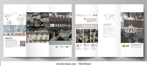 Tri-fold brochure business templates on both sides. Easy editable abstract vector layout in flat design. Colorful background made of dotted texture for travel business, urban cityscape.