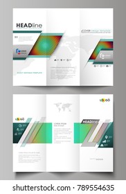 Tri-fold brochure business templates on both sides. Abstract vector layout in flat style. Minimalistic design with circles, diagonal lines. Geometric shapes forming beautiful retro background.