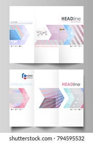 Tri-fold brochure business templates on both sides. Easy editable abstract vector layout in flat style. Sweet pink and blue decoration, pretty romantic design, cute candy background.