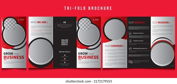 Tri-Fold Brochure, Creative Corporate Tri Fold Brochure. Company Marketing Fold Flyer, Brochure, Poster, banner, leaflet, modern style with red triangles and space for the photo, booklet design,	