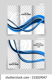 Tri-fold brochure design with blue abstract wave