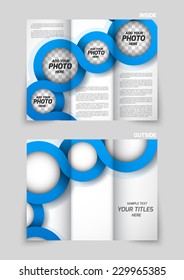 Tri-fold brochure design with blue abstract spiral