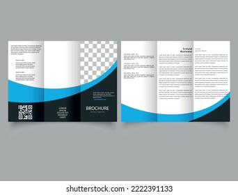tri-fold brochure design with blue and black wave. Flyer for printing.
