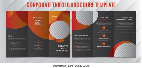 Tri-fold brochure design. Corporate business template for tri-fold flyer with rhombus square shapes. Corporate Tri-Fold Brochure Design Template. Orange, Black