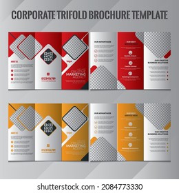 Tri-fold brochure design. Corporate business template for tri-fold flyer with rhombus square shapes. Corporate Tri-Fold Brochure Design Template. Yellow, Red,  Black. 2 Design in one mockup.
