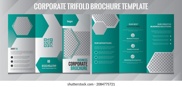 Tri-fold brochure design. Corporate business template for tri-fold flyer with rhombus square shapes. Corporate Tri-Fold Brochure Design Template. Yellow, Red,  Black. Full Design in one mockup.