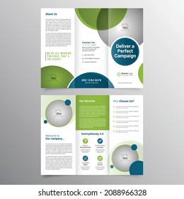 Tri-fold brochure design, corporate business profile, cover design, blue, green creative 300dpi brochure in vector