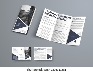 Tri-fold brochure design in modern style with triangular elements and space for photo. Universal white template for business advertising. Vector Illustration