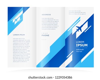 Tri-fold brochure design template  airplane flight takeoff stripes blue