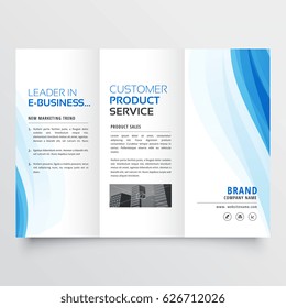 trifold brochure design template with blue wavy shapes