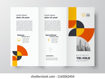 Tri-fold brochure design template business cover geometric theme circles orange color