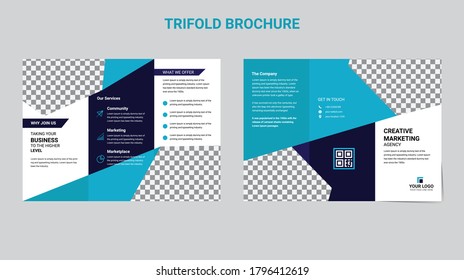 Tri-fold brochure with diagonal lines and a place for photos. Vector template of white color with blue elements for text and diagram. Business design for advertising and printing.