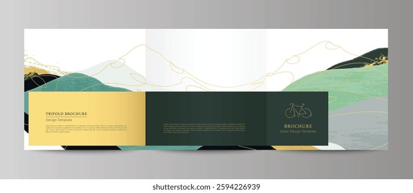 Tri-fold brochure, flyer, booklet with abstract mountains. Textured hand drawn details and golden lines. Stylish bicycle icon. Designated photo placeholders. 