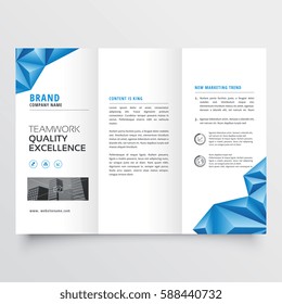 tri-fold brochure flyer design with geometric blue abstract shapes