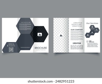 Trifold brochure with gray hexagons. Simple and minimalist promotion layout