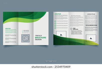 Folleto de tres pliegues con ondas verdes transparentes. Plantilla de folleto listo.