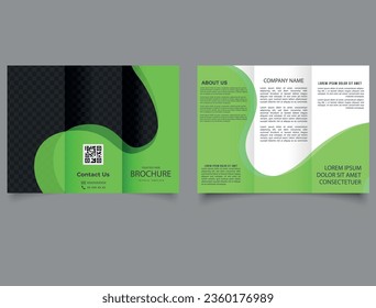 Trifold brochure with green waves. Vector editable template