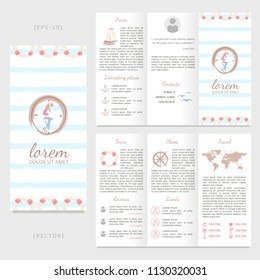 Tri-fold brochure with hand drawn lifebuoy, ship, compass, wheel, anchor and birds.