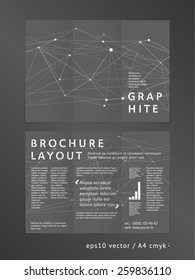Trifold brochure, leaflet layout template. Low polygonal design, geometric sharp surfaces, minimalistic serious dark graphite color style. Dotted grid background.