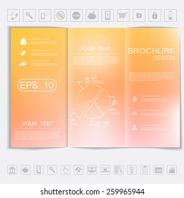 Tri-Fold Brochure mock up vector design. Smooth unfocused bokeh background. Corporate Business Style