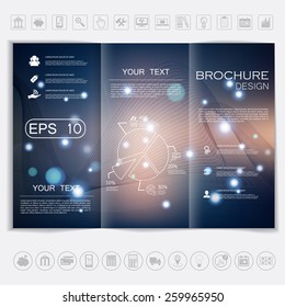 Tri-Fold Brochure mock up vector design. Smooth unfocused bokeh background with waves and shiny elements. Corporate Business Style