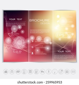 Tri-Fold Brochure mock up vector design. Smooth unfocused bokeh background with waves and shiny elements. Corporate Business Style