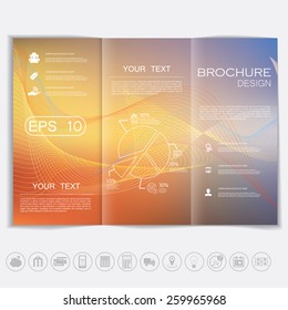 Tri-Fold Brochure mock up vector design. Smooth unfocused bokeh background with waves elements. Corporate Business Style