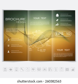 Tri-Fold Brochure mock up vector design. Smooth unfocused bokeh background with waves elements. Corporate Business Style