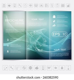 Tri-Fold Brochure mock up vector design. Smooth unfocused bokeh background with waves elements. Corporate Business Style