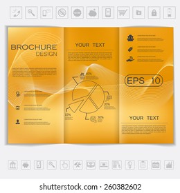 Tri-Fold Brochure mock up vector design. Smooth unfocused bokeh background with waves elements. Corporate Business Style