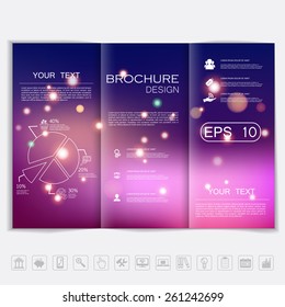 Tri-Fold Brochure mock up vector design. Smooth unfocused bokeh background with shiny elements. Corporate Business Style