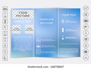 Tri-Fold Brochure mock up vector design. Blur background. Corporate Business Style