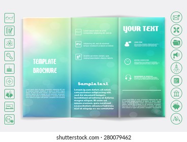 Tri-Fold Brochure mock up vector design. Smooth unfocused bokeh background. Corporate Business Style