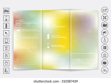 Tri-Fold Brochure mock up vector design. Smooth unfocused bokeh background. Corporate Business Style