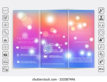 Tri-Fold Brochure mock up vector design. Smooth unfocused bokeh background. Corporate Business Style