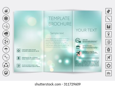 Tri-Fold Brochure mock up vector design. Smooth unfocused bokeh background. Corporate Business Style