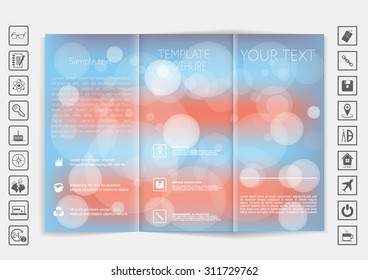 Tri-Fold Brochure mock up vector design. Smooth unfocused bokeh background. Corporate Business Style